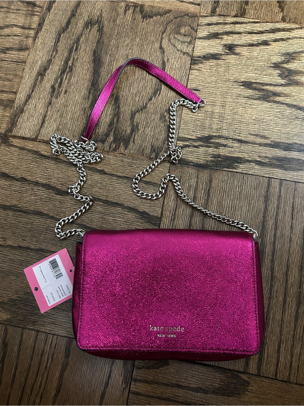 kate spade Metallic Fuchsia Pink Crossbody Bag with Silver Chain